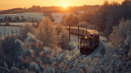 Freight train on railroad tracks in winter forest at sunset. Railway travel concept.の素材