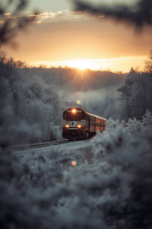 Train in the winter forest at sunset. Russia, Murmansk region.の素材