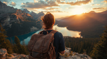 Hiker with backpack standing on top of the mountain and looking at the lakeの素材