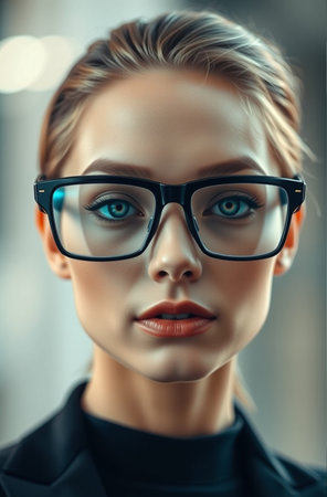 Portrait of a beautiful young woman with glasses. Beauty, fashion. Optics style.の素材