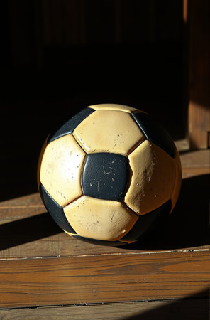 Soccer ball on the wooden floor, close-up of photoの素材