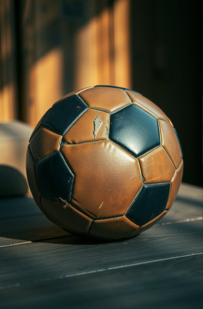 Soccer ball on the wooden floor. Vintage style toned pictureの素材
