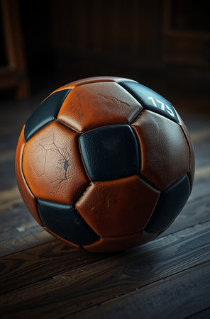 Soccer ball on a wooden background. Vintage style toned pictureの素材