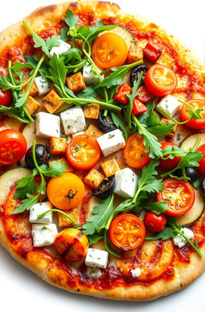 Pizza with cheese, tomatoes, olives and arugulaの素材