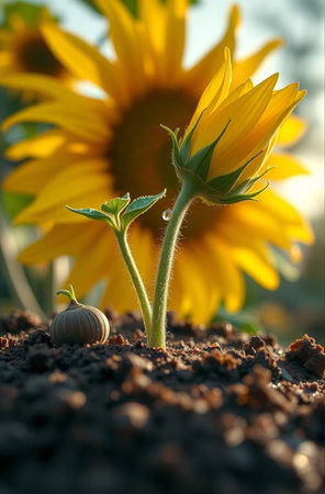 Sunflower seedling growing out of soil. Sunflower in the gardenの素材