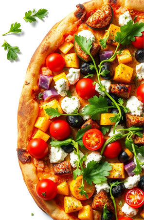 Pizza with vegetables and feta cheese isolated on a white backgroundの素材