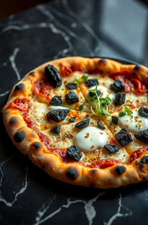 Pizza with mozzarella cheese and black olives on a dark backgroundの素材