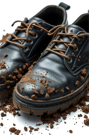 A pair of black men's shoes with coffee on a white backgroundの素材