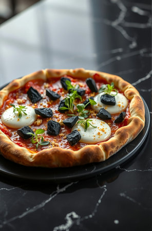 Pizza with mozzarella cheese and tomato sauce on black marble backgroundの素材