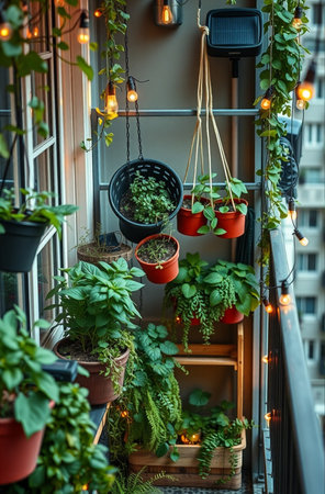 Plants in pots on the balcony of a house in the eveningの素材