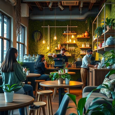 Coffee shop interior with people drinking coffee and talking in cafeの素材