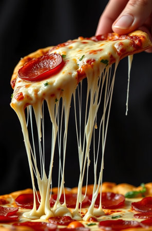 Pizza with salami and mozzarella on a black backgroundの素材