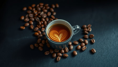 Coffee cup and coffee beans on the black stone background.の素材