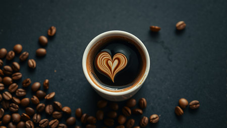 Cup of coffee with heart shape and coffee beans on black backgroundの素材