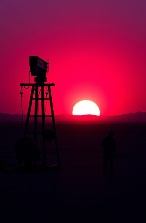 Silhouette of a man working on an oil well in the desertの素材