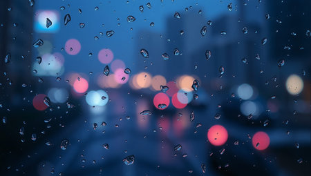 rain drop on window glass with city light bokeh abstract backgroundの素材