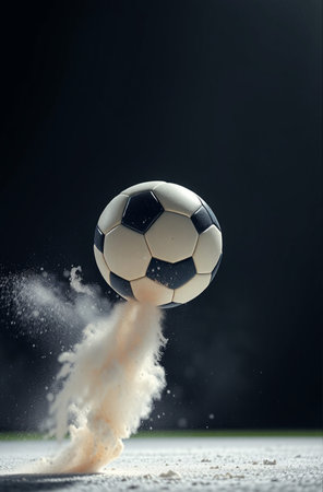 Soccer ball with powder flying in the air on a dark backgroundの素材