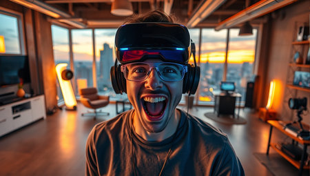 Excited young man wearing virtual reality goggles in a modern interior.の素材
