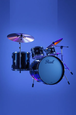 Drum set on blue background. Percussion musical instrument drums and cymbals.の素材