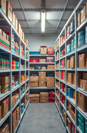 Warehouse shelves with boxes and goods in a large modern warehouse.の素材