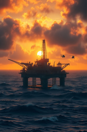 Offshore oil and gas platform in the sea at sunset time.の素材