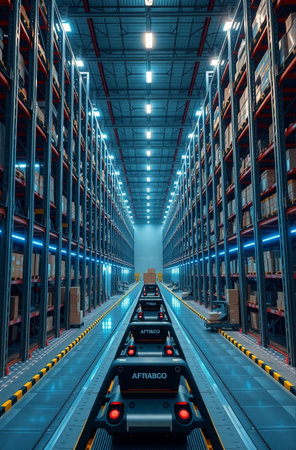 Warehouse interior with rows of shelves and rows of boxes. Logistics and transportation conceptの素材