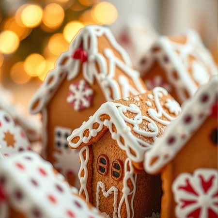Christmas gingerbread house on bokeh background, close-upの素材