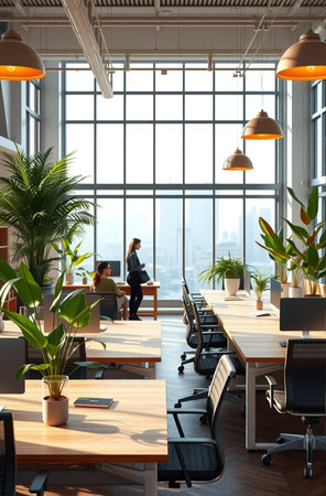 Side view of young businesswoman standing in modern coworking office with panoramic window and city viewの素材