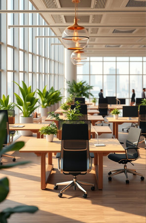 Interior of modern office with wooden floor and rows of black chairsの素材