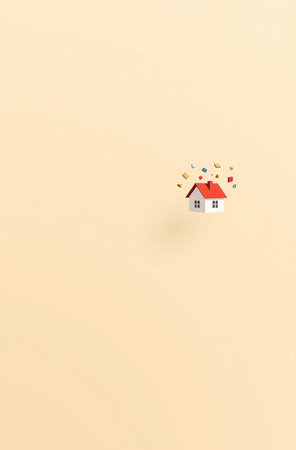Paper art of small house with red roof on pastel color backgroundの素材