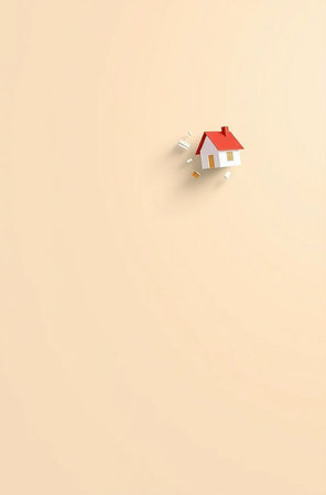 3d rendering of a small house in the air on a beige backgroundの素材