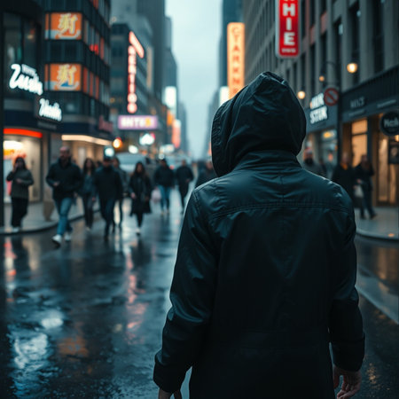 Man walking on a rainy day in New York City, USA.の素材