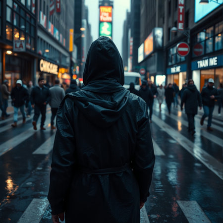 Man in black raincoat with hood walking in the city at nightの素材
