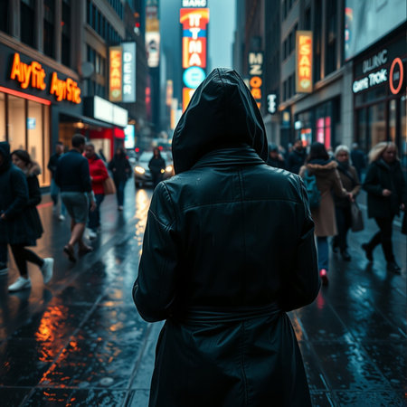 A man in a hoodie walks through Times Square in Manhattan, New York City.の素材