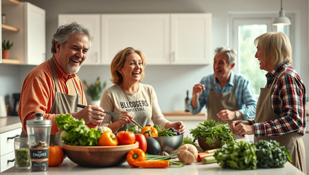 Happy family preparing healthy food in the kitchen at home. Selective focus.の素材