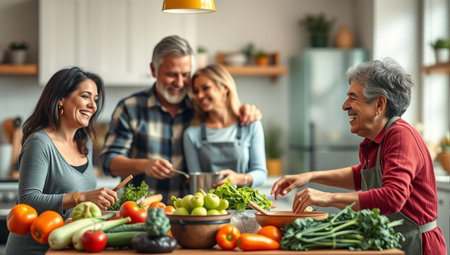 Happy family is cooking together in the kitchen. They are sitting at the table and smiling.の素材
