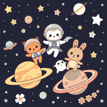 Cute hand drawn vector illustration of a space theme. Cute cartoon characters: astronaut, fox, rabbit, cat, planet, stars, moon.の素材