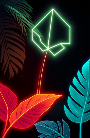 Neon background with tropical leaves. Vector illustration. Eps 10.の素材