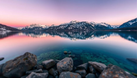 Panoramic view of lake and mountains at sunset in Alaska.の素材