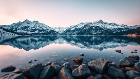 Panoramic view of snow-capped mountain peaks reflected in lake at sunset.の素材