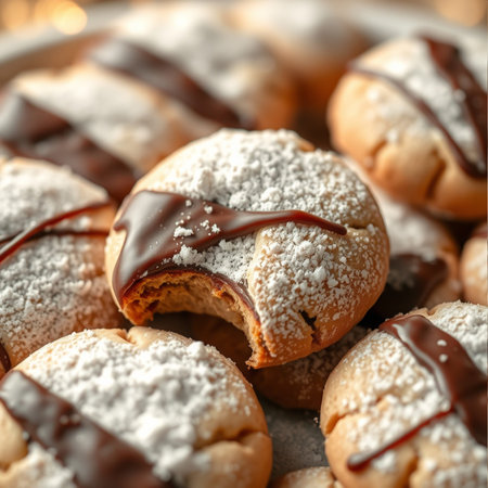 Tasty cookies with chocolate glaze on light background, closeupの素材