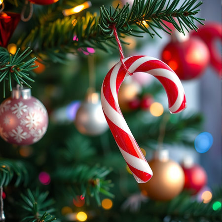 Christmas tree with candy canes on blurred lights background, closeupの素材