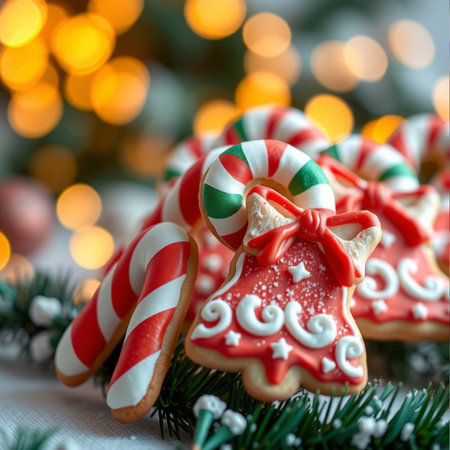 Christmas gingerbread cookies in the form of Santa Claus and Christmas treeの素材