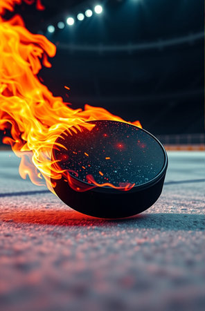 Hockey puck on the ice arena with fire and smoke. 3d renderingの素材