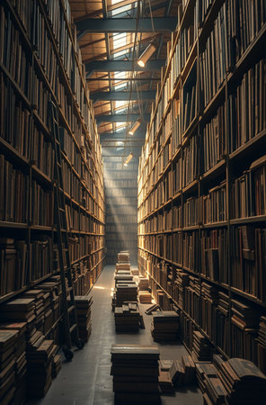Old bookshelf in a library. Vintage style toned imageの素材