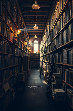 Old bookshelf in the library. Retro style toned imageの素材