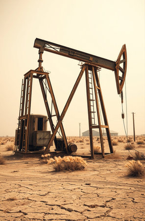 Oil pump in the middle of the desert, closeup of photoの素材