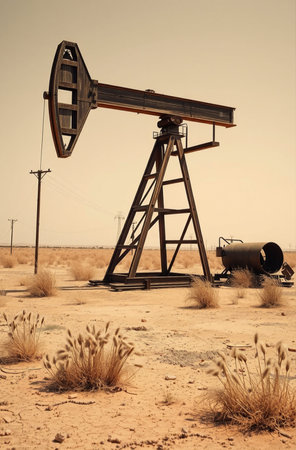 Oil pump in the desert. Toned. Retro style photo.の素材