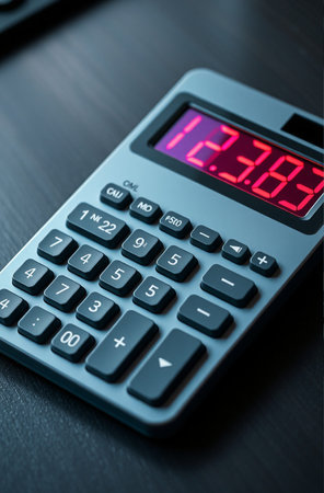 Calculator with digital display on the table, business and finance conceptの素材