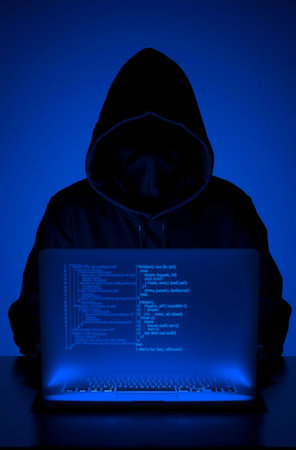 Hooded hacker using laptop at night, isolated on blue backgroundの素材